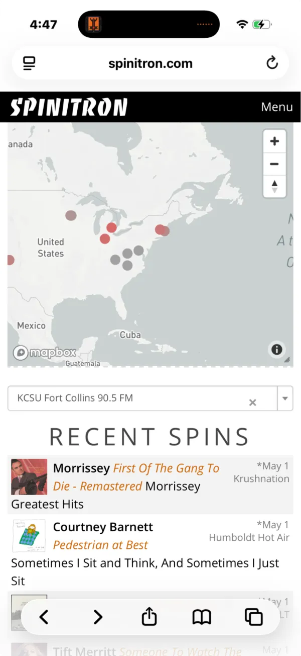 Spinitron recent spins live feed on a phone screen